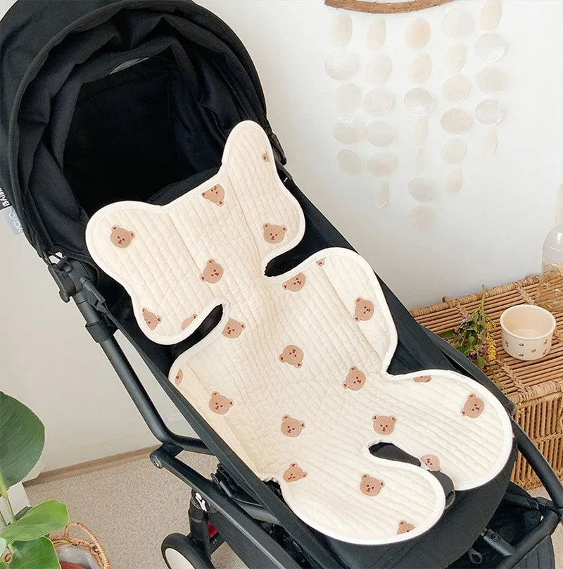 Baby Stroller Seat Cushion Pad Bear Bunny Embroidery All Seasons Cotton Breathable Cart Mattress Infant Newborn Pram Accessories