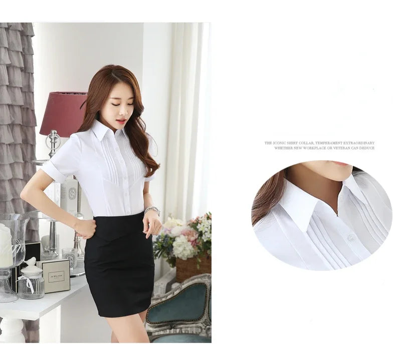White Shirt Women Short Sleeve Blouse                                                                                             Working Clothes 2024 Summer Sweet Womens Tops Button Up Shirts OL Elegant Female Clothing