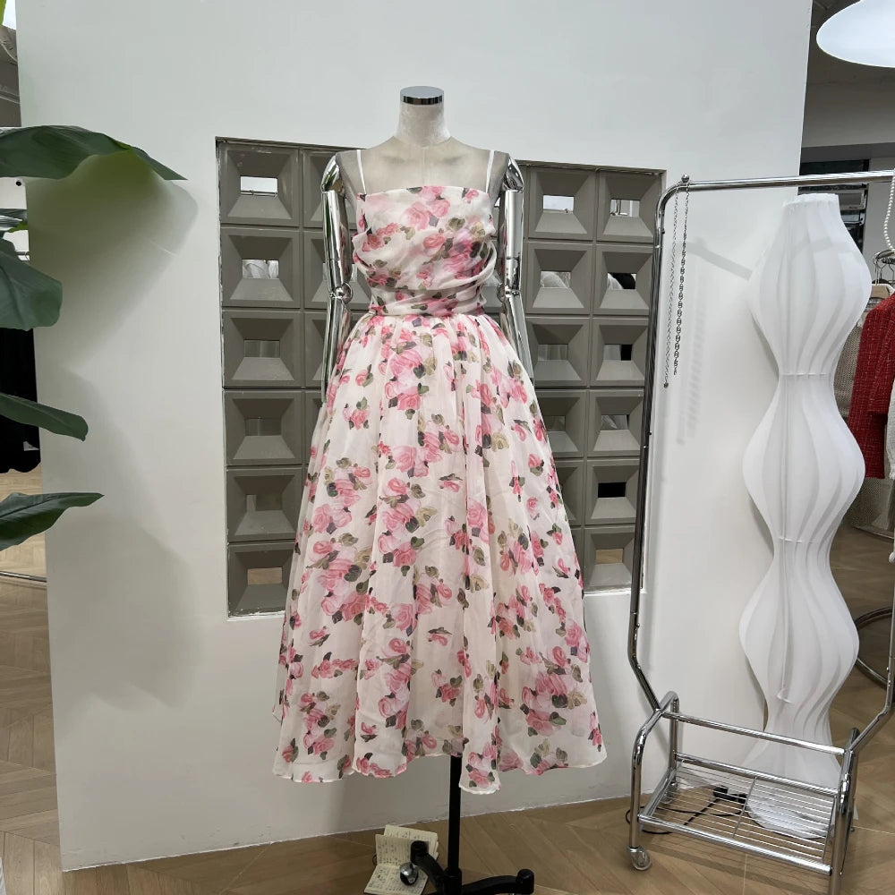 Summer New Women Retro Printed A-line Strap Dress With High Waist Wrinkled Long Dresses Beach Party Birthday Celebrity Gown