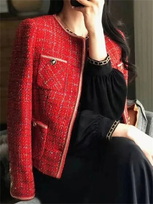 2025 Autumn/Winter New French Vintage Loose and Versatile Show Thin Temperament Woolen Jacket Fem Vintage Red Tweed Coat Women's