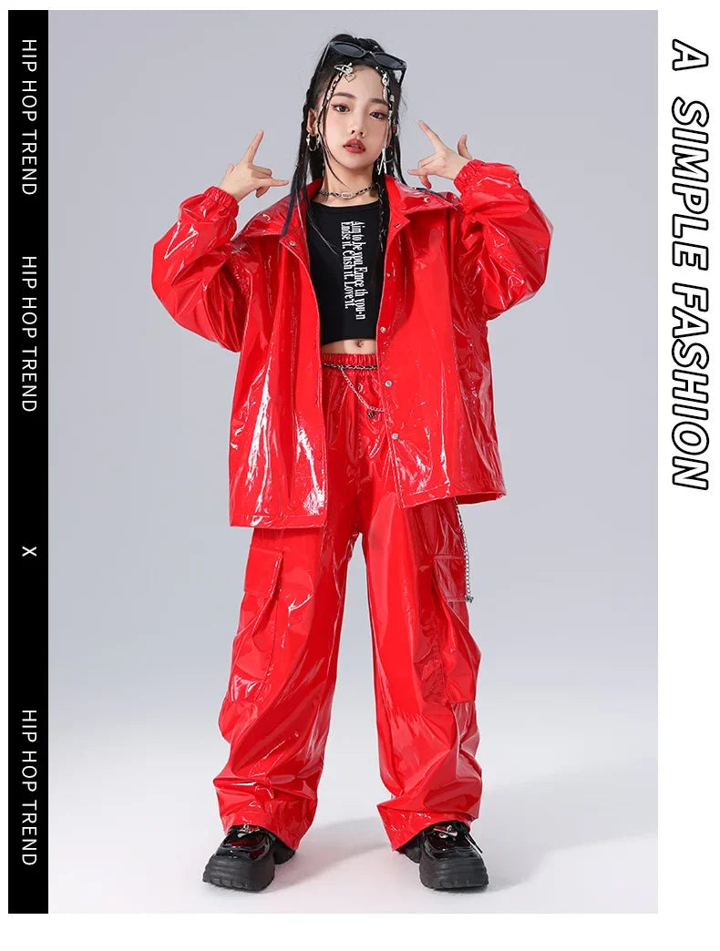 Boys K-pop Fashion Leather Jacket Street Dance Cargo Pants Girl Hip Hop Streetwear Kids Children Jazz Shiny Costume Clothes Sets