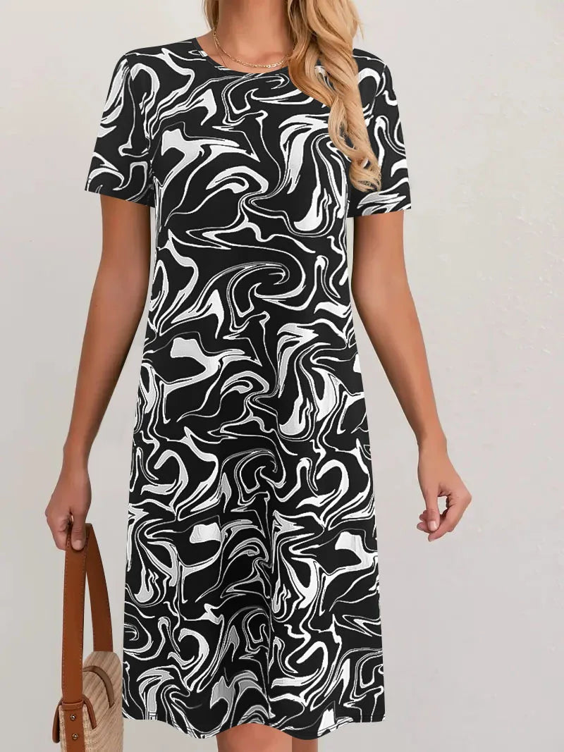 2025 cross-border printed dress women's elegant fashion summer round neck short sleeve loose skirt children cw82727