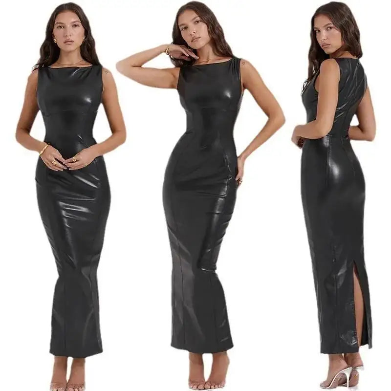 Women's Dress Autumn New PU Leather Skirt Split Long Dress Women's Wear Now