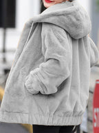 Plush hooded jacket for women mid-length winter new loose plush warm long sleeves plush Short jacket fashion casual coat