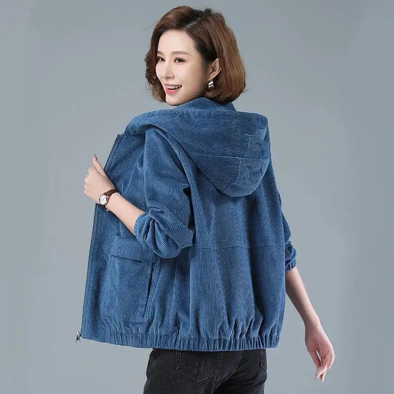 Corduroy Short Coat 5XL Women's 2025 Spring Autumn New Korean Loose Solid Hooded Jacket Fashion Casual Female Zipper Coat Tops