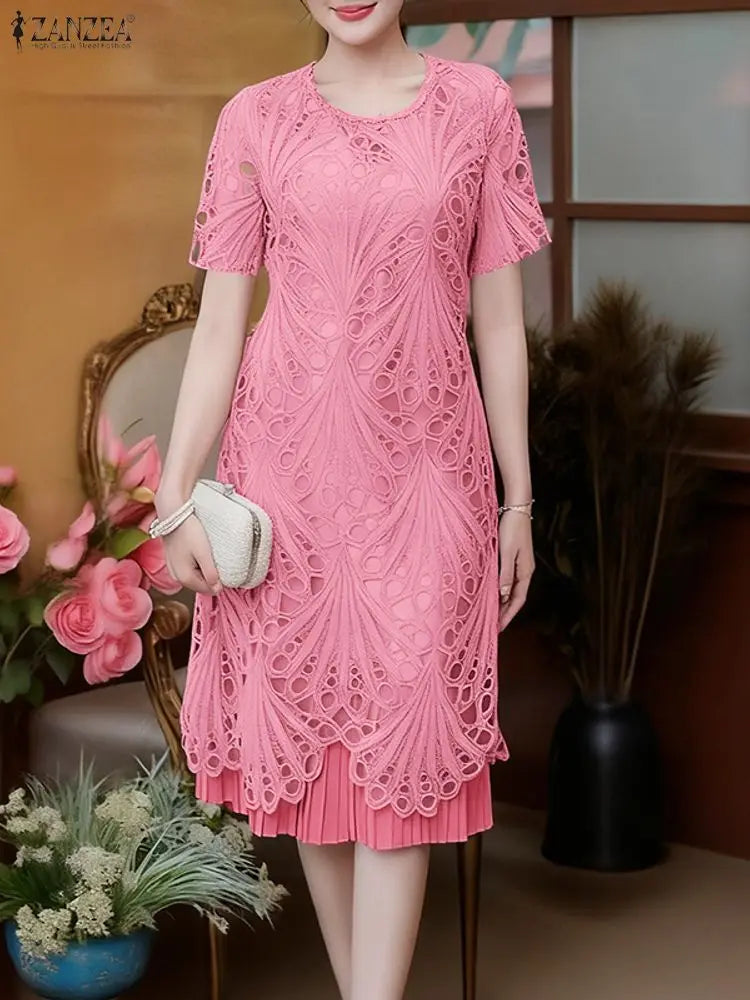 Stylish Women Desses ZANZEA 2025 Summer Lace Patchwork Dress Elegant Party Work Sundress Short Sleeve Pleated Vestidos Midi Robe