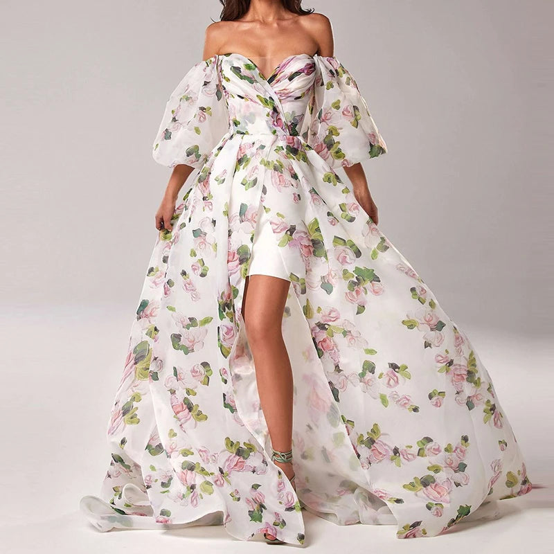 Sexy Strapless Puff Sleeve Bohemian Dress Fashionable Flower Print Bandage Long Dress Elegant Hight Waist Split Evening Dresses