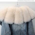 Big Fox Fur Collar Down Cotton Denim Jacket Women Vintage Cowboy Outerwear Winter Thick Loose Short Zipper Jeans Jacket Female