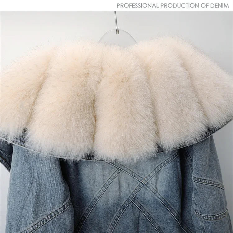 Big Fox Fur Collar Down Cotton Denim Jacket Women Vintage Cowboy Outerwear Winter Thick Loose Short Zipper Jeans Jacket Female