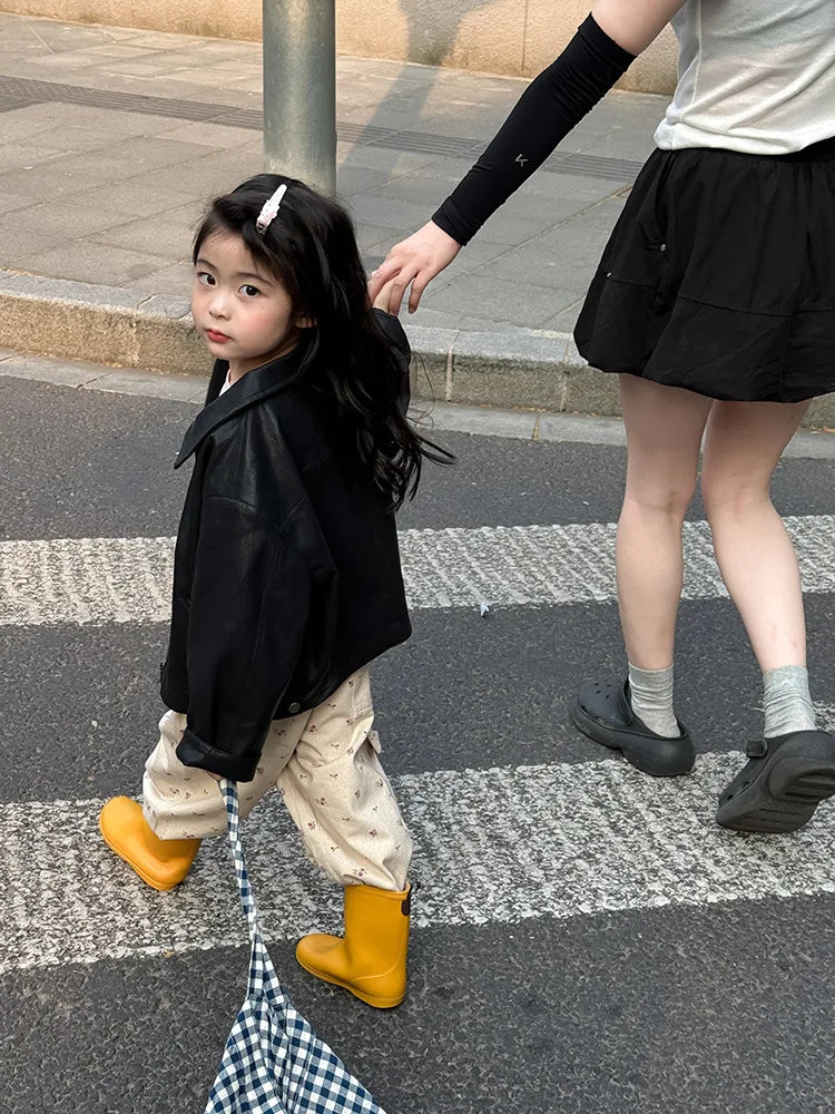 2025 Autumn New Children Long Sleeve Pu Leather Coat Fashion Girls Leather Jacket Solid Boys Lapel Zipper Jacket Kids Clothes