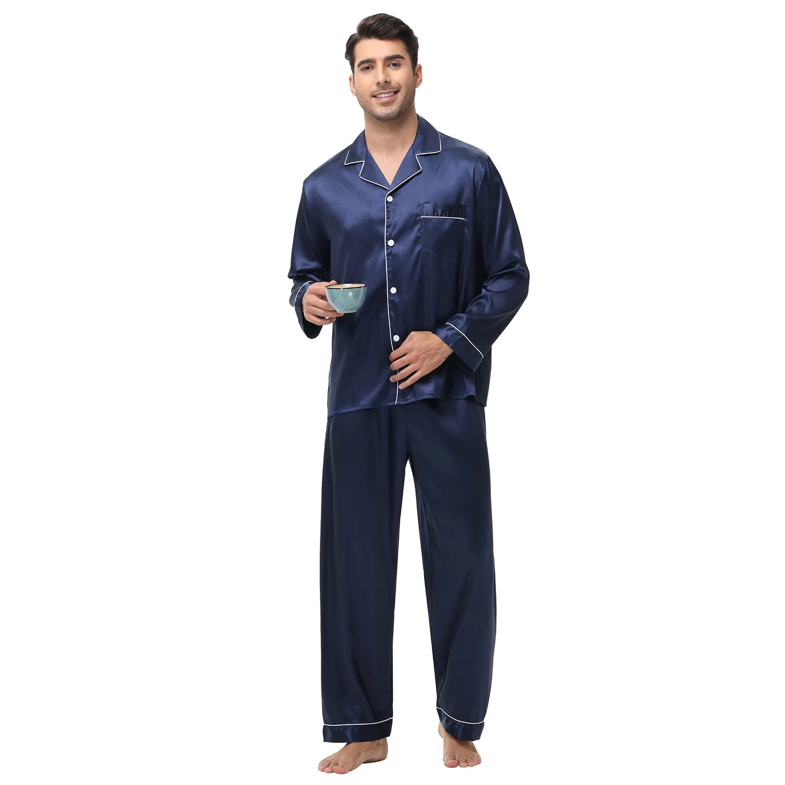 Men Pajamas Set Silk Satin Sleepwear