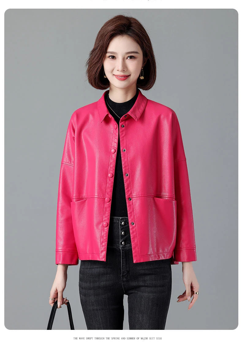 New Women Casual Loose Leather Jacket Spring Autumn Fashion Turn-down Collar Single Breasted Short Leather Motorbike Jacket