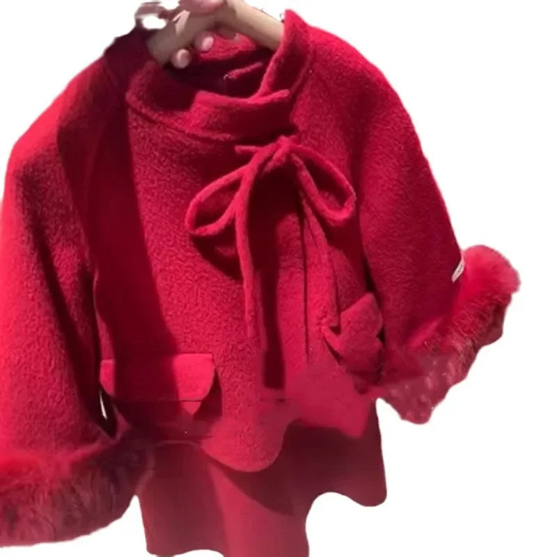 Girl's Set Made of Fabric with Cotton Clip Thickened Woolen Jacket and Dress New Fashion Trend for 2024 Winter Clothing