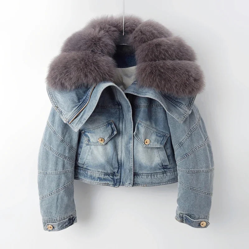 Big Fox Fur Collar Down Cotton Denim Jacket Women Vintage Cowboy Outerwear Winter Thick Loose Short Zipper Jeans Jacket Female