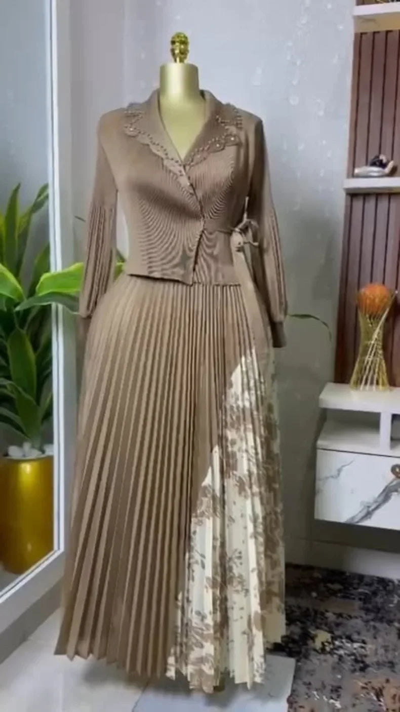 2025 Spring New Miyake Pleated A-line Dress Elegant Suit Collar Mid To Long Style Waist Cinching Slimming Women Folds Skirt