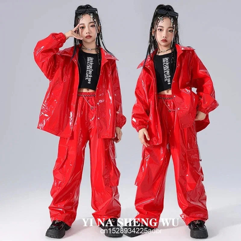 Boys K-pop Fashion Leather Jacket Street Dance Cargo Pants Girl Hip Hop Streetwear Kids Children Jazz Shiny Costume Clothes Sets