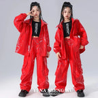 Boys K-pop Fashion Leather Jacket Street Dance Cargo Pants Girl Hip Hop Streetwear Kids Children Jazz Shiny Costume Clothes Sets