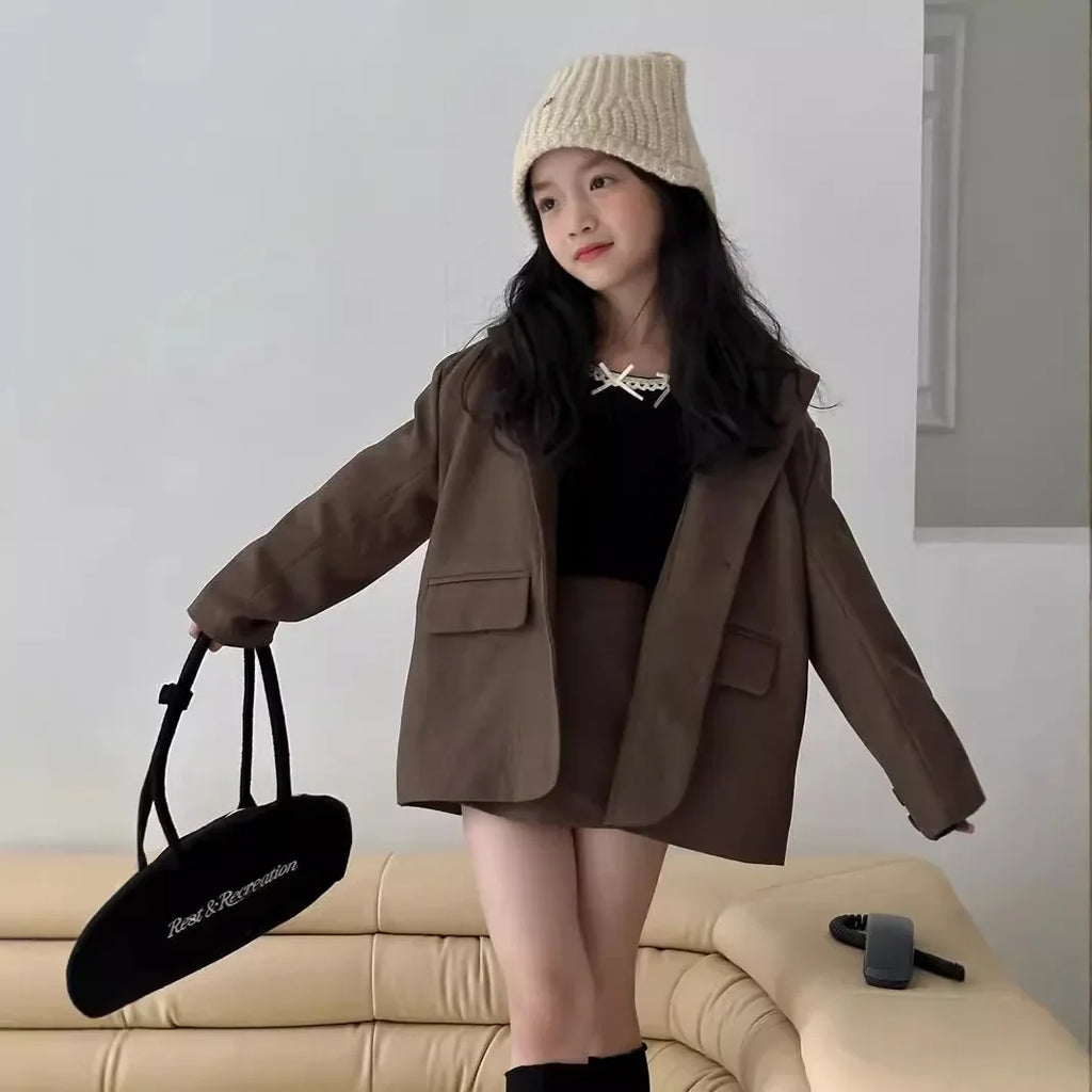 Suit skirt set for autumn 2024 loose suit jacket and skirt shorts for children and girls fashionable suit trendy kids clothes