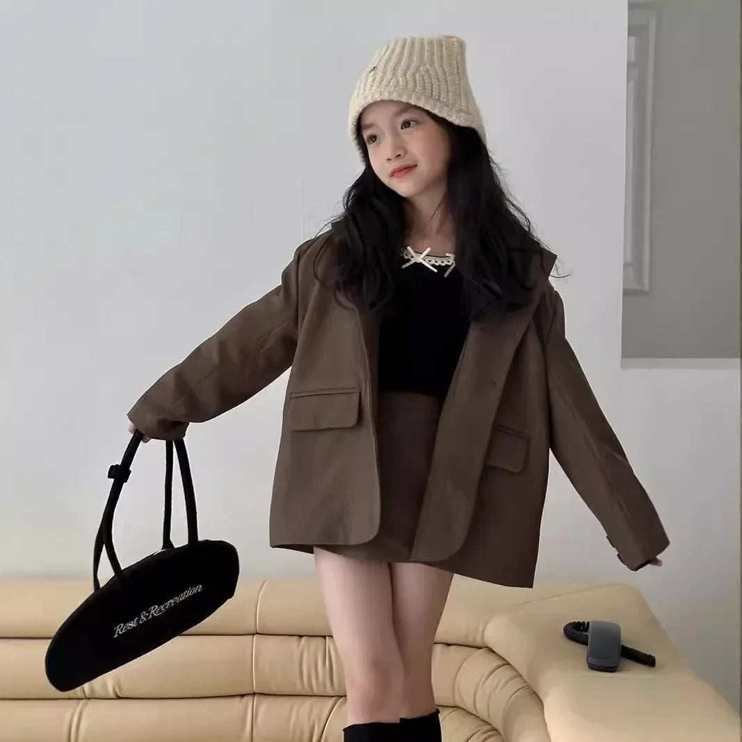 Suit skirt set for autumn 2024 loose suit jacket and skirt shorts for children and girls fashionable suit trendy kids clothes