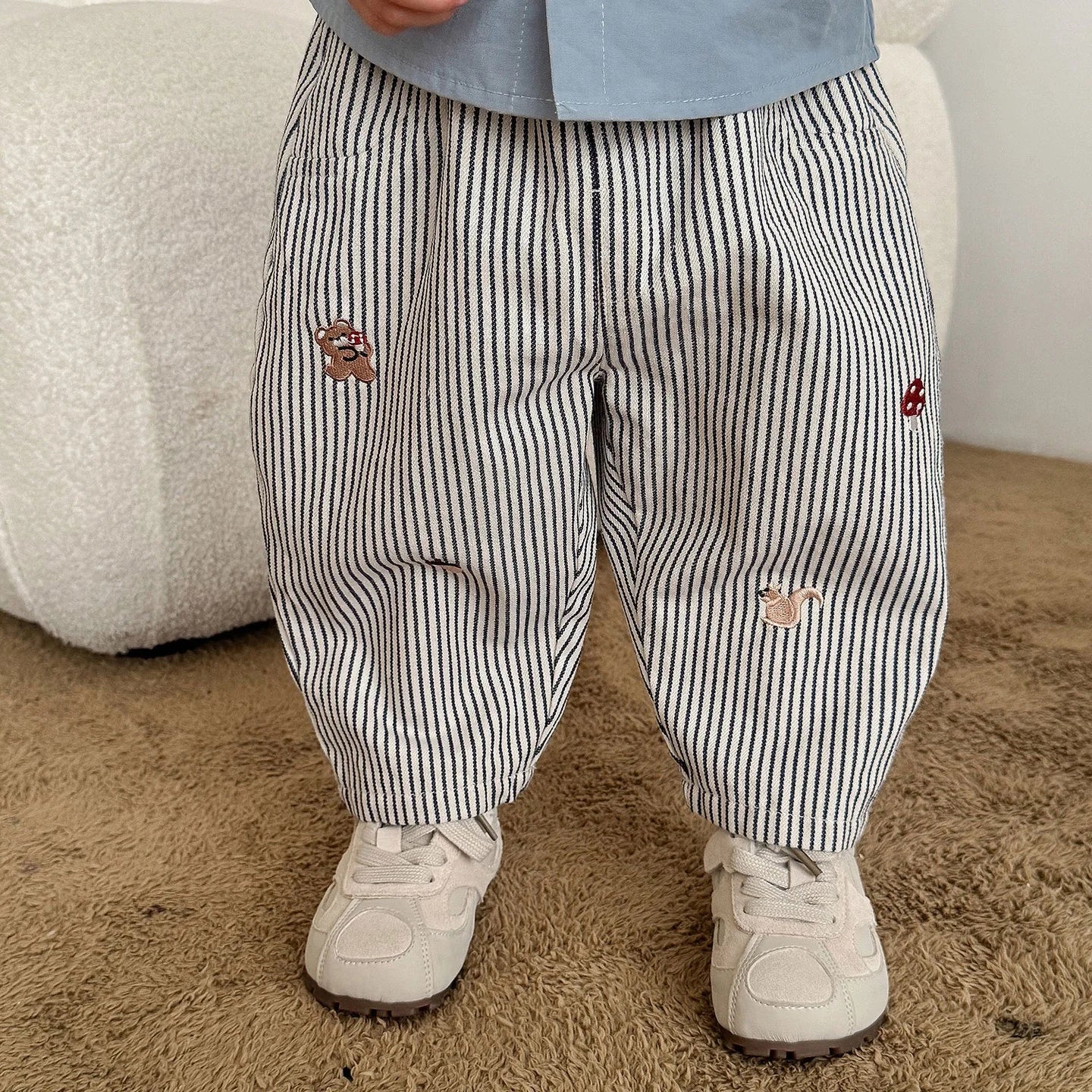 2025 Fall New Toddler Kids Pants Cotton Cartoon Embroidered Harem Pants Baby Boy Casual Striped Denim Baggy Trousers