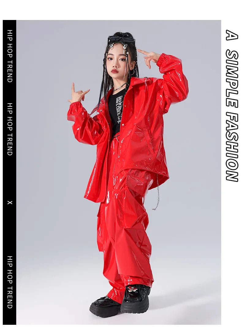 Boys K-pop Fashion Leather Jacket Street Dance Cargo Pants Girl Hip Hop Streetwear Kids Children Jazz Shiny Costume Clothes Sets