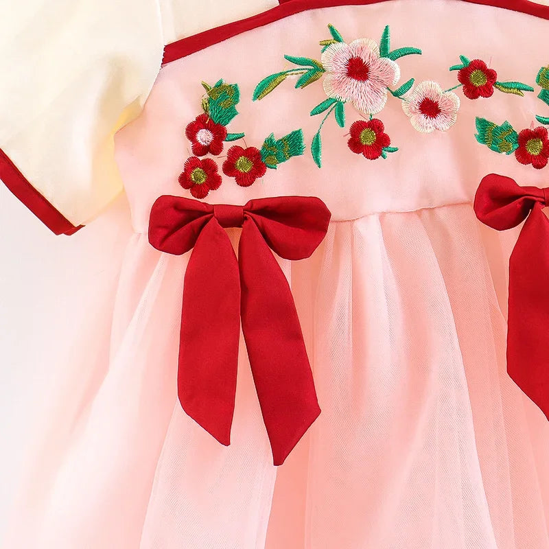 Children's Clothing Girl's Dress Summer New Cute Small Bow Flower Embroidery Improved Version Hanfu Ru Skirt
