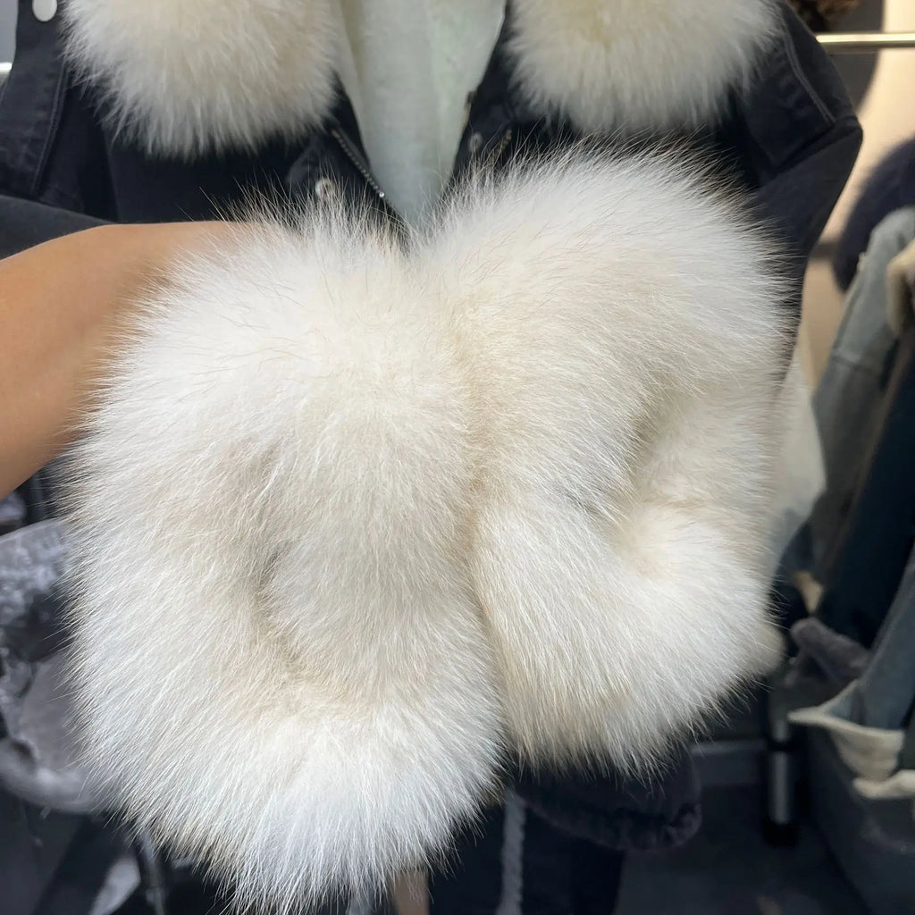Fox Fur Denim Jacket for Women Fleece-Lined and Thickened Winter 2025 New Korean Style Loose Fit Batwing Sleeve Cotton Coat