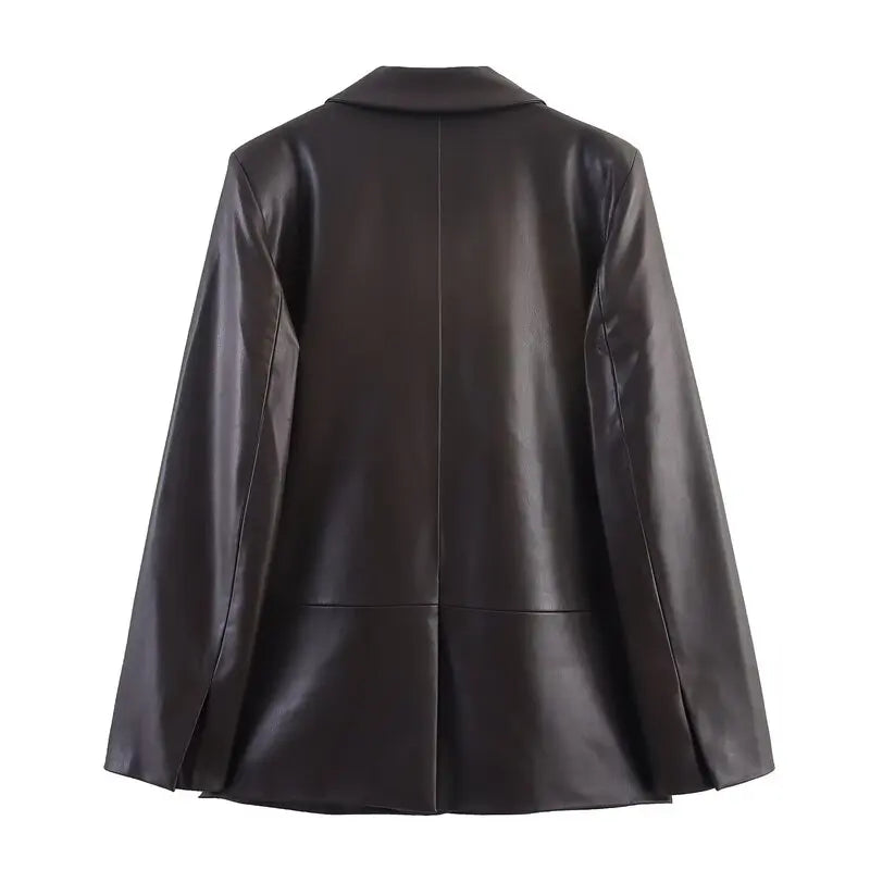 Fall 2025 New Women's Loose Straight Leather Effect Suit Jaet Faionable Long Sve PU Leather ort Outerwear