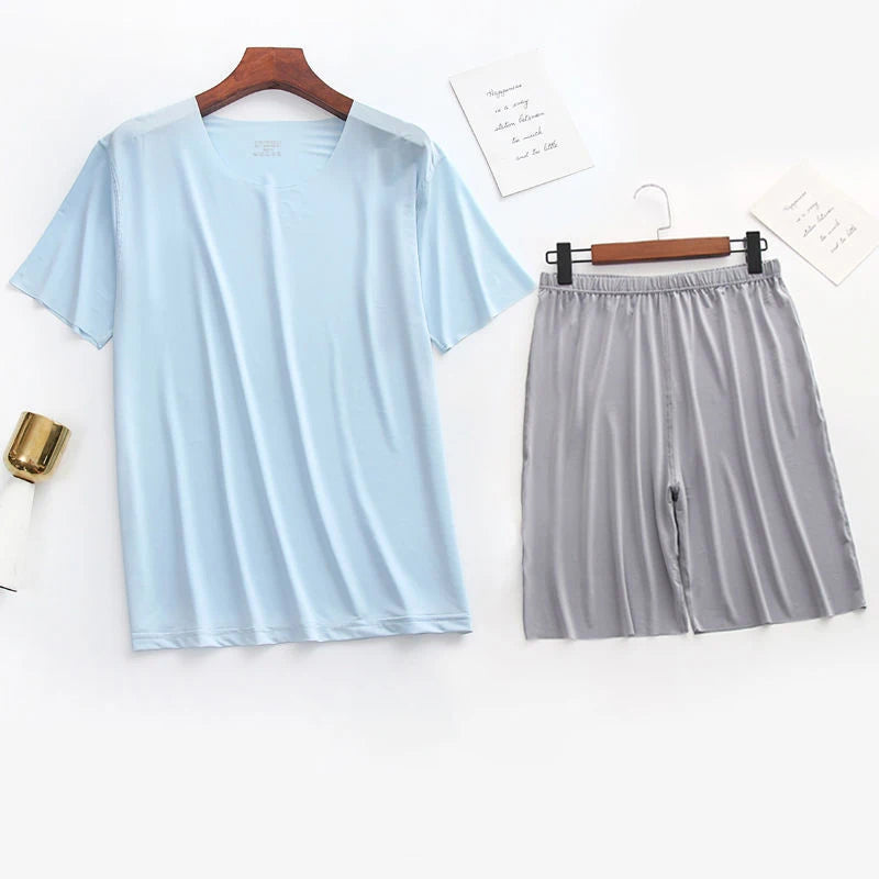 Men Ice Silk Pajamas Solid Shirt & Pants 2Pcs Pijamas Sleep Set Casual Male Home Clothes Summer Pyjamas Sleepwear Nightwear Suit