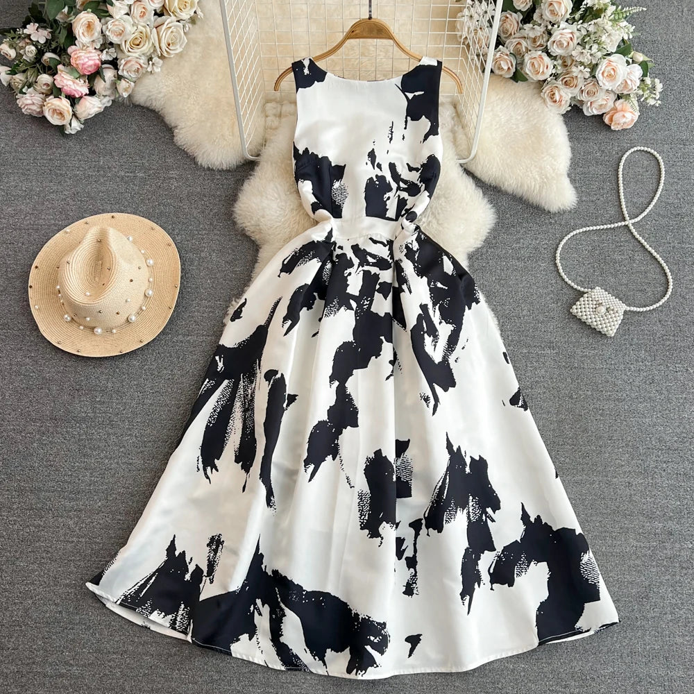 Faionable Ele Vest Long Dr High Waist Slim A-Line Print Maxi Skirt round Ne Svel Women's Summer Dr
