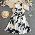 Faionable Ele Vest Long Dr High Waist Slim A-Line Print Maxi Skirt round Ne Svel Women's Summer Dr