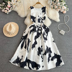 Faionable Ele Vest Long Dr High Waist Slim A-Line Print Maxi Skirt round Ne Svel Women's Summer Dr