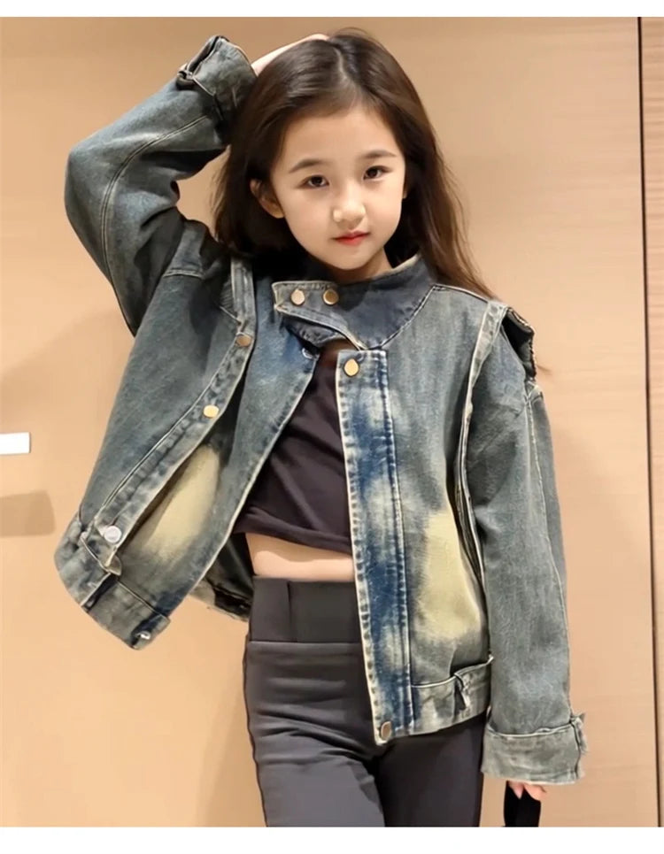 Cowgirl Streetwear Blue Denim Jacket Girl Harajuku Washed Distressed Jacket For Kids Child Gothic Punk Ripped Jeans Coat 5-14 T