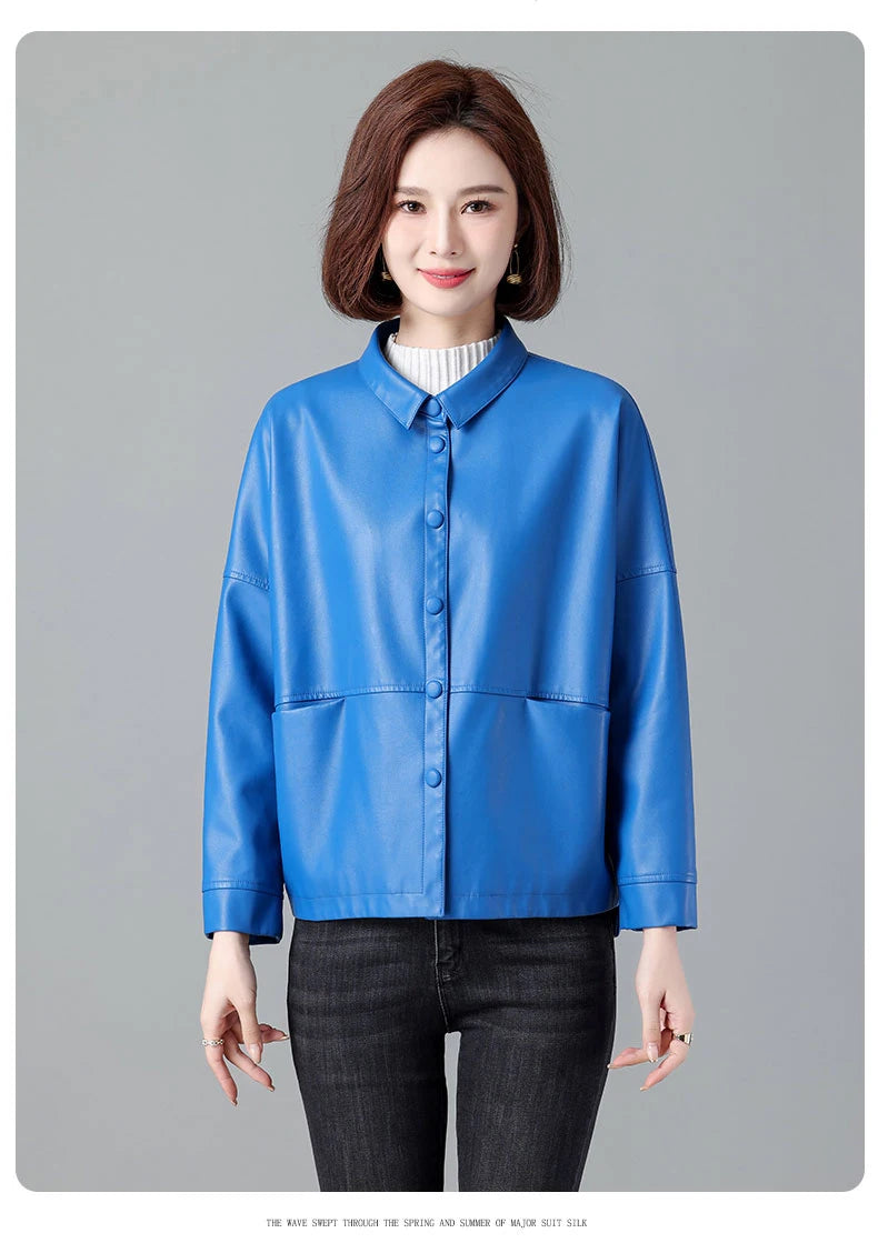 New Women Casual Loose Leather Jacket Spring Autumn Fashion Turn-down Collar Single Breasted Short Leather Motorbike Jacket