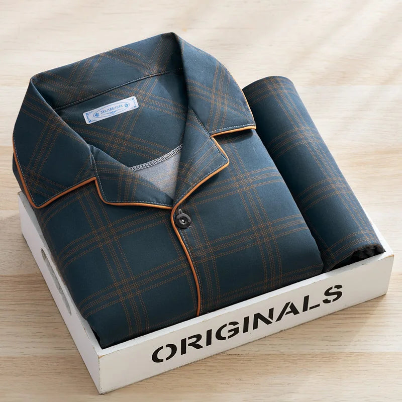 Men's Thin Cotton Pajamas Long Sve Long Pants Two-Piece Set Casual