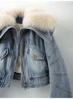 Big Fox Fur Collar Down Cotton Denim Jacket Women Vintage Cowboy Outerwear Winter Thick Loose Short Zipper Jeans Jacket Female