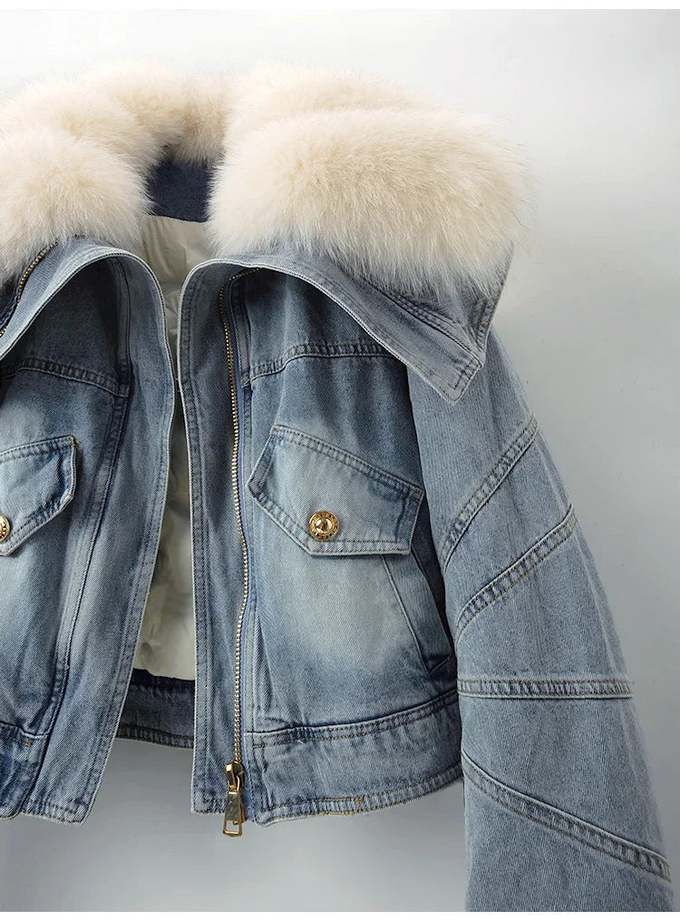 Big Fox Fur Collar Down Cotton Denim Jacket Women Vintage Cowboy Outerwear Winter Thick Loose Short Zipper Jeans Jacket Female