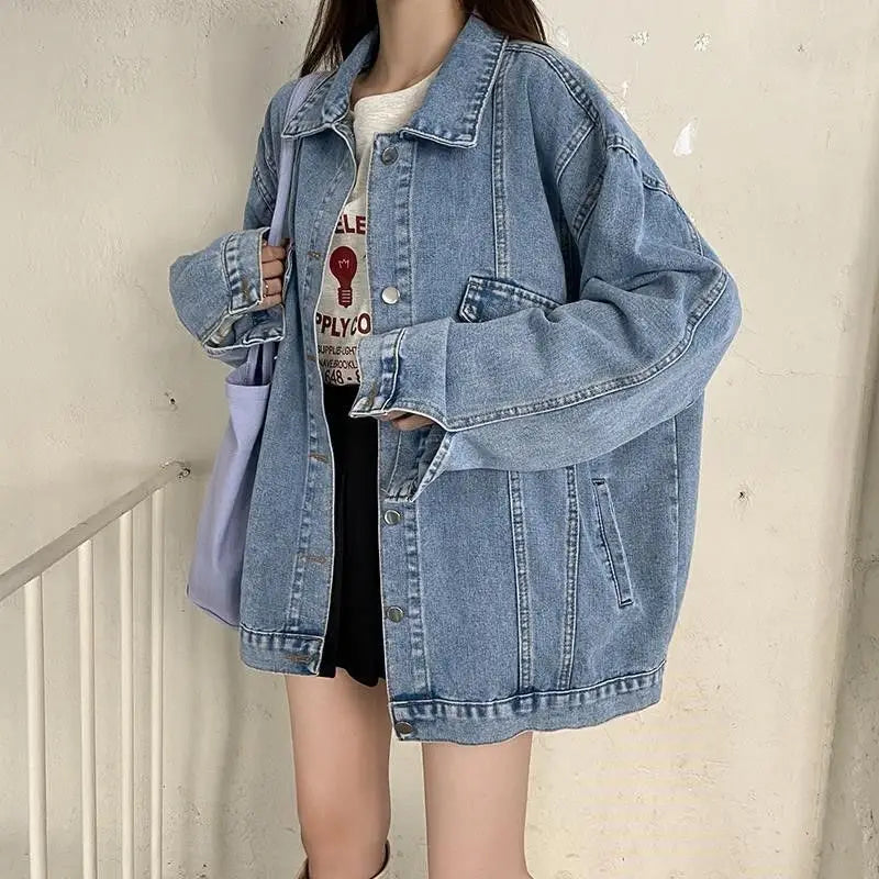 2025 Spring Autumn New Women Denim Jacket Boyfriend Loose Harajuku Design Unique Mid Length Casual All Match Outerwear