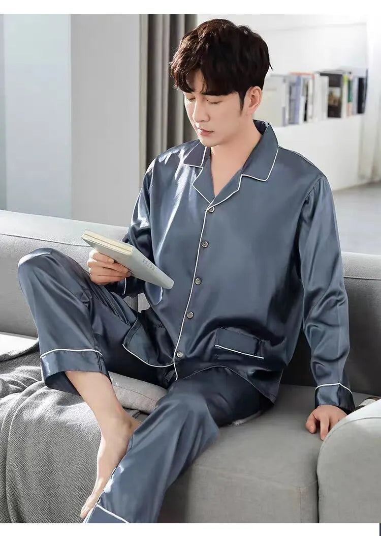 Men Ice Silk Pajamas Sleepwear Pajama Sets Nightclothes Black Blue L XXL 3XL 4XL Long Sleeves Long Pants Smooth Solid Color