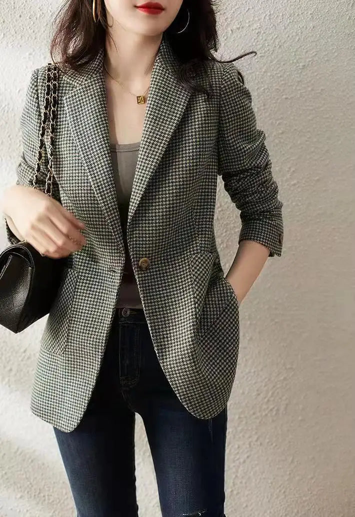 Green Jacket Coats for Women Skinny Plaid Outerwears Korean Fall Clothes  Simple Cheap Stylish in Promotion Check Blazer Woman