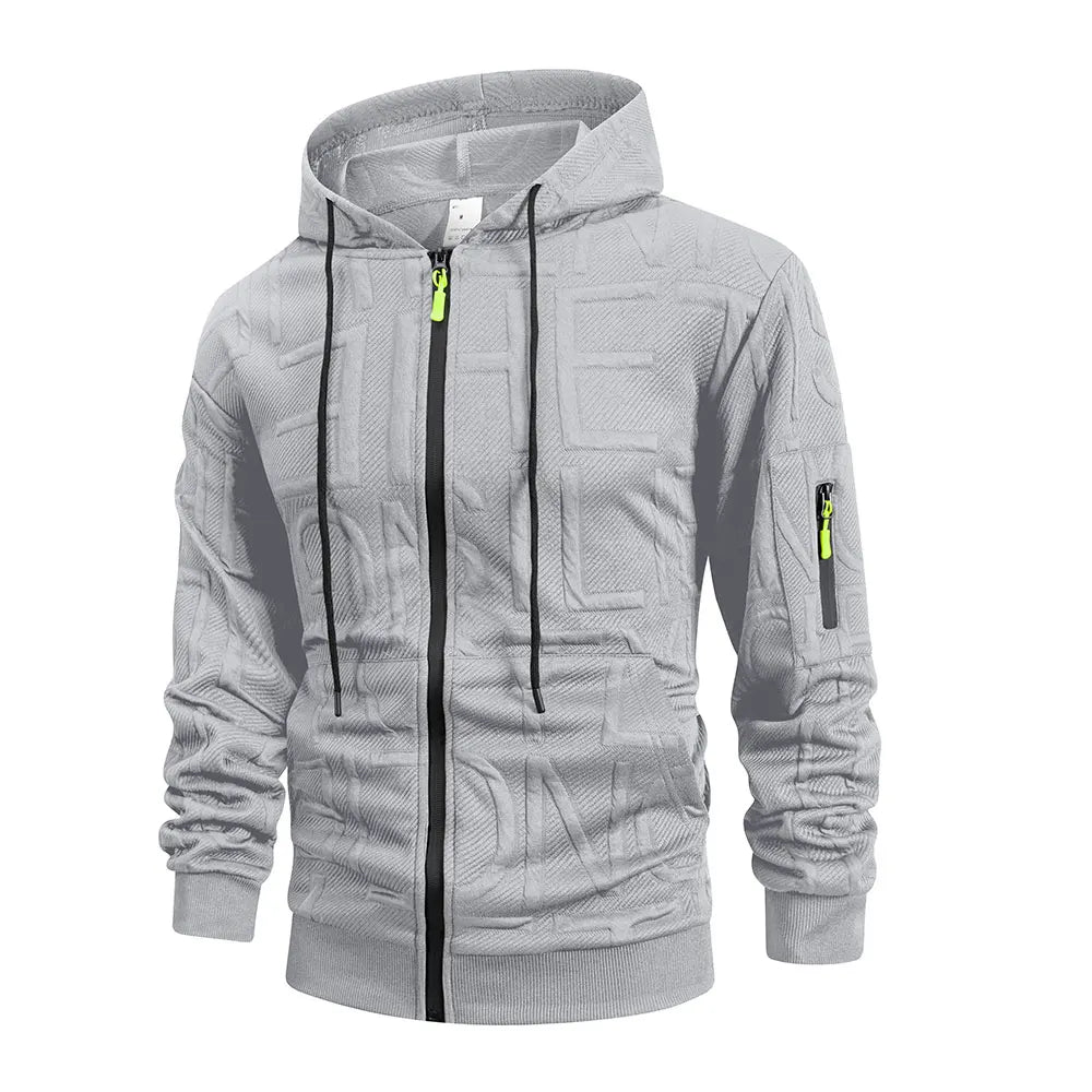 Mens Letter Jacquard Jacket Simple Stylish Autumn Sportwear Warm Casual Multiple Pockets Outwear Zip Up Hooded Coats for Men