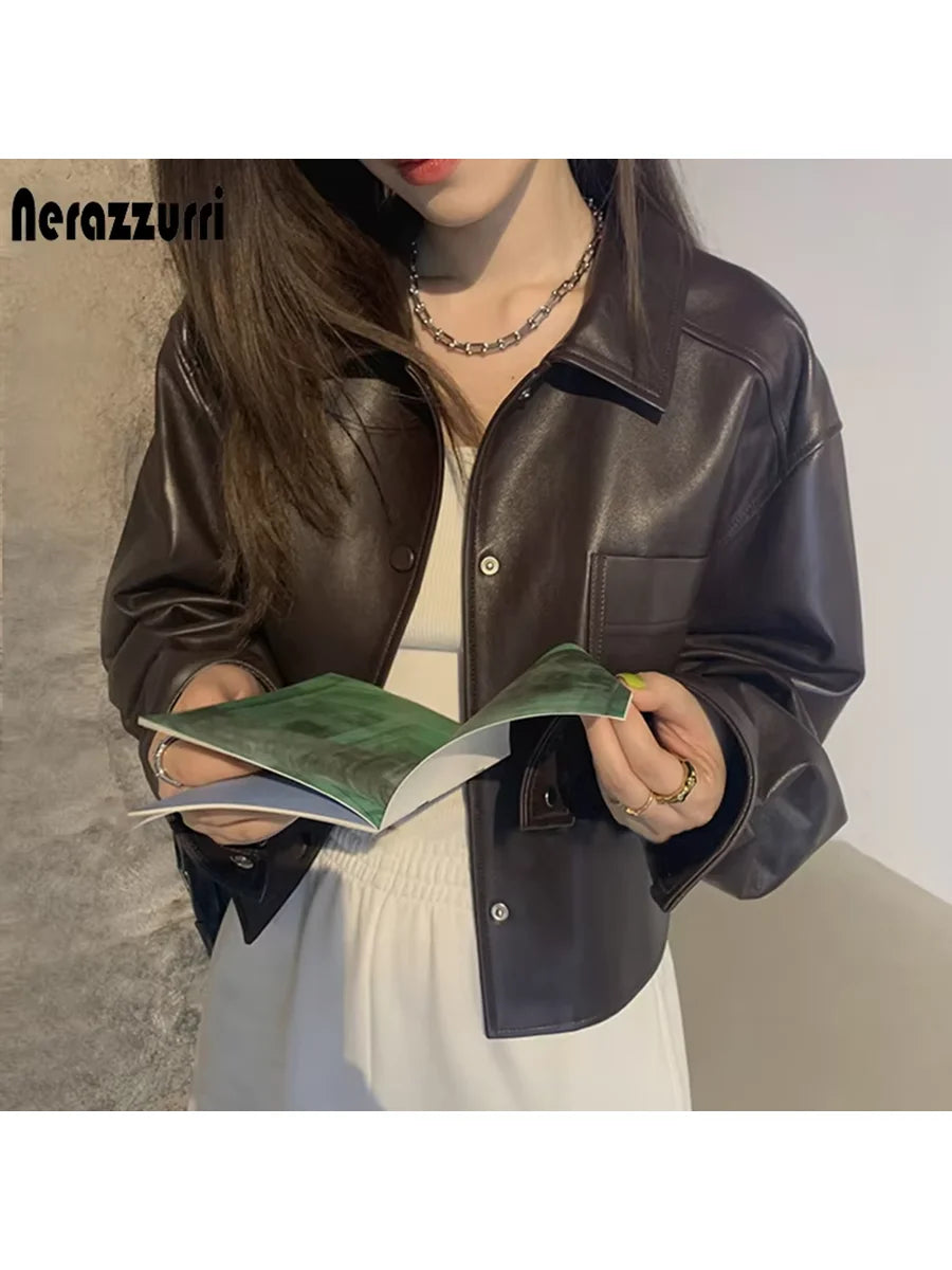 Nerazzurri Spring Autumn Brown Short Soft Pu Leather Jacket Women Long Sleeve Pocket Loose Casual Korean Fashion Clothing 2025