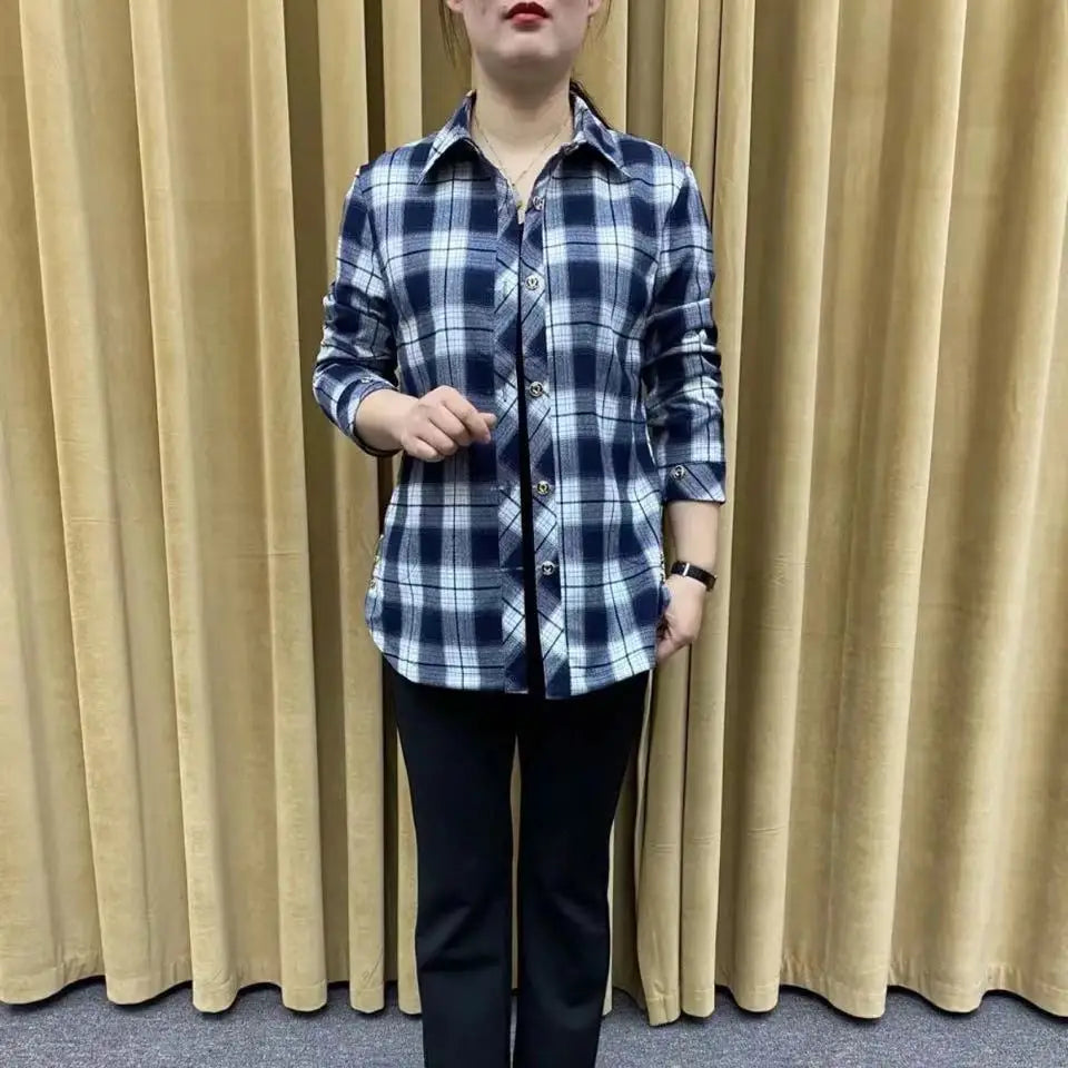 Vintage Printed Loose All-match Plaid Shirt Women's Clothing 2023 Autumn Winter New Oversized Casual Tops Long Sleeve Blouse