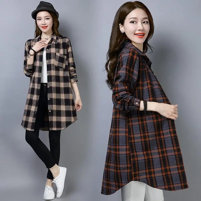 Women's Plaid Shirt Mid-Length Loose Fit Korean Casual Plus Size Long Sleeve Autumn Tops
