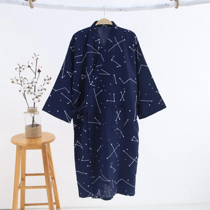 Bathrobe Men Shower Spring and Summer Cotton Nightgown Couple Men Kimono Yukata Pajamas Cardigan Striped Robe Sleepwear Homewear