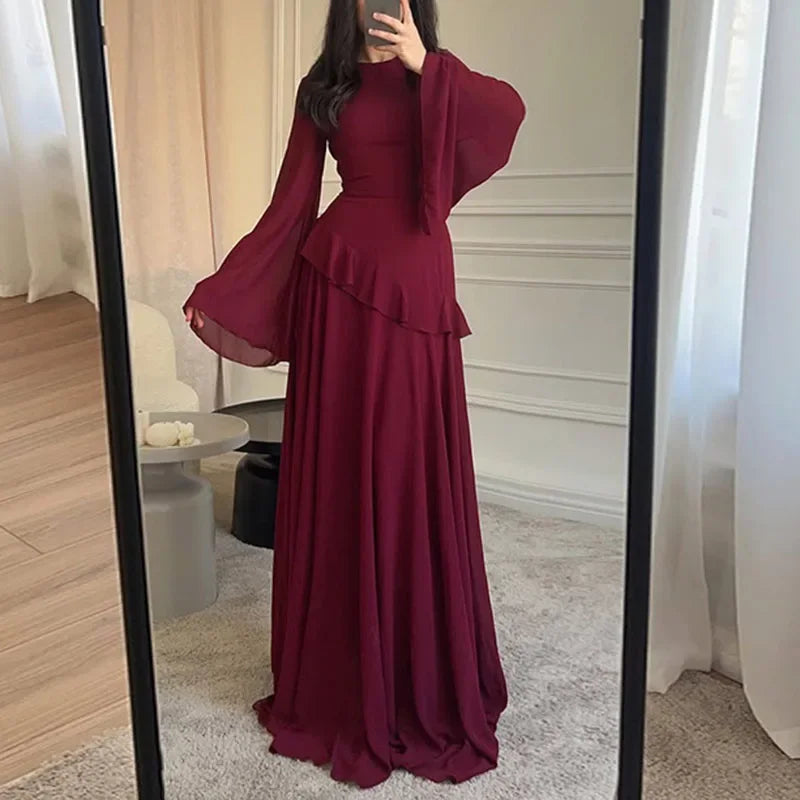 Robes for Woman Elegant O Neck Solid Ruffles Party Pleated Dress Spring Autumn Flare Sleeve Tie-up Slim Female Clothing Vestidos