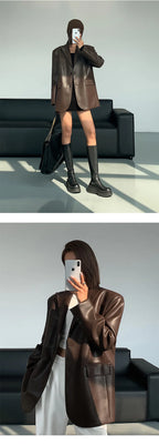 Women Black Brown Soft PU Leather Blazer Shoulder Pads Long Sleeve Single Breasted Loose Casual Jacket Tops Korean Fashion Coat