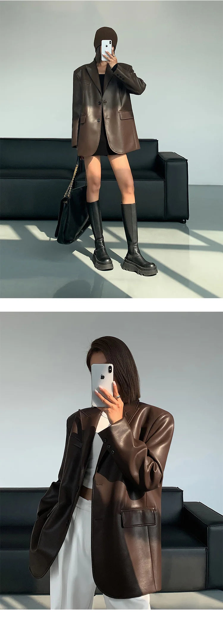 Women Black Brown Soft PU Leather Blazer Shoulder Pads Long Sleeve Single Breasted Loose Casual Jacket Tops Korean Fashion Coat