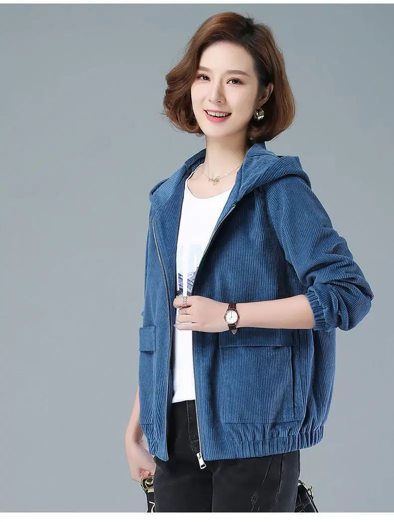 Corduroy Short Coat 5XL Women's 2025 Spring Autumn New Korean Loose Solid Hooded Jacket Fashion Casual Female Zipper Coat Tops