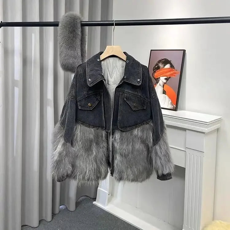Fashionable European Style Thick Fur Collar Winter New Women's Denim Jacket with Patchwork Fur Parkas